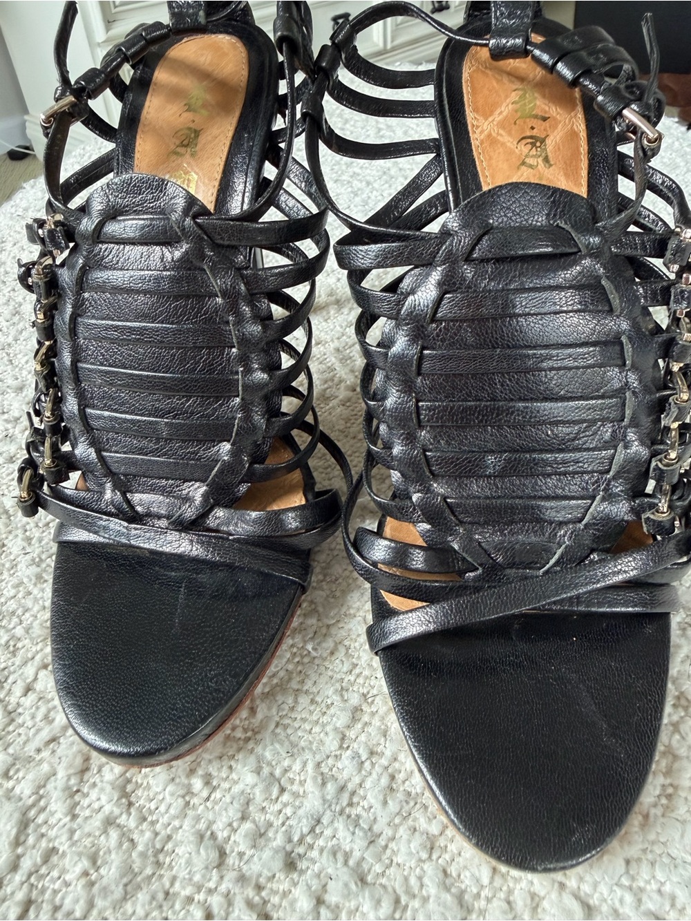 L.A.M.B. Black Leather Strappy Woven Gladiator Sandals